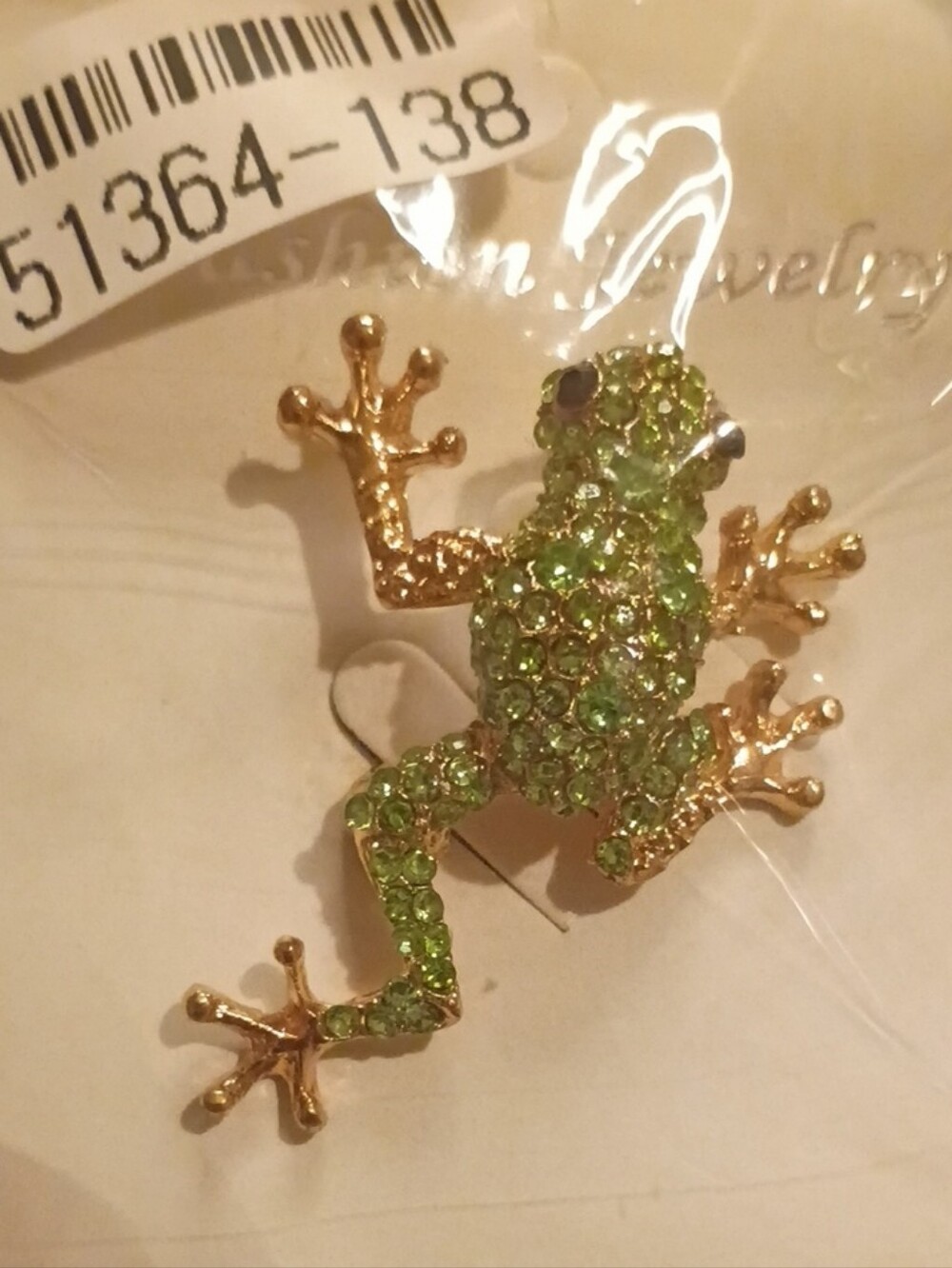 Green Crystal Frog Pin Brooch - Gold Tone Accent